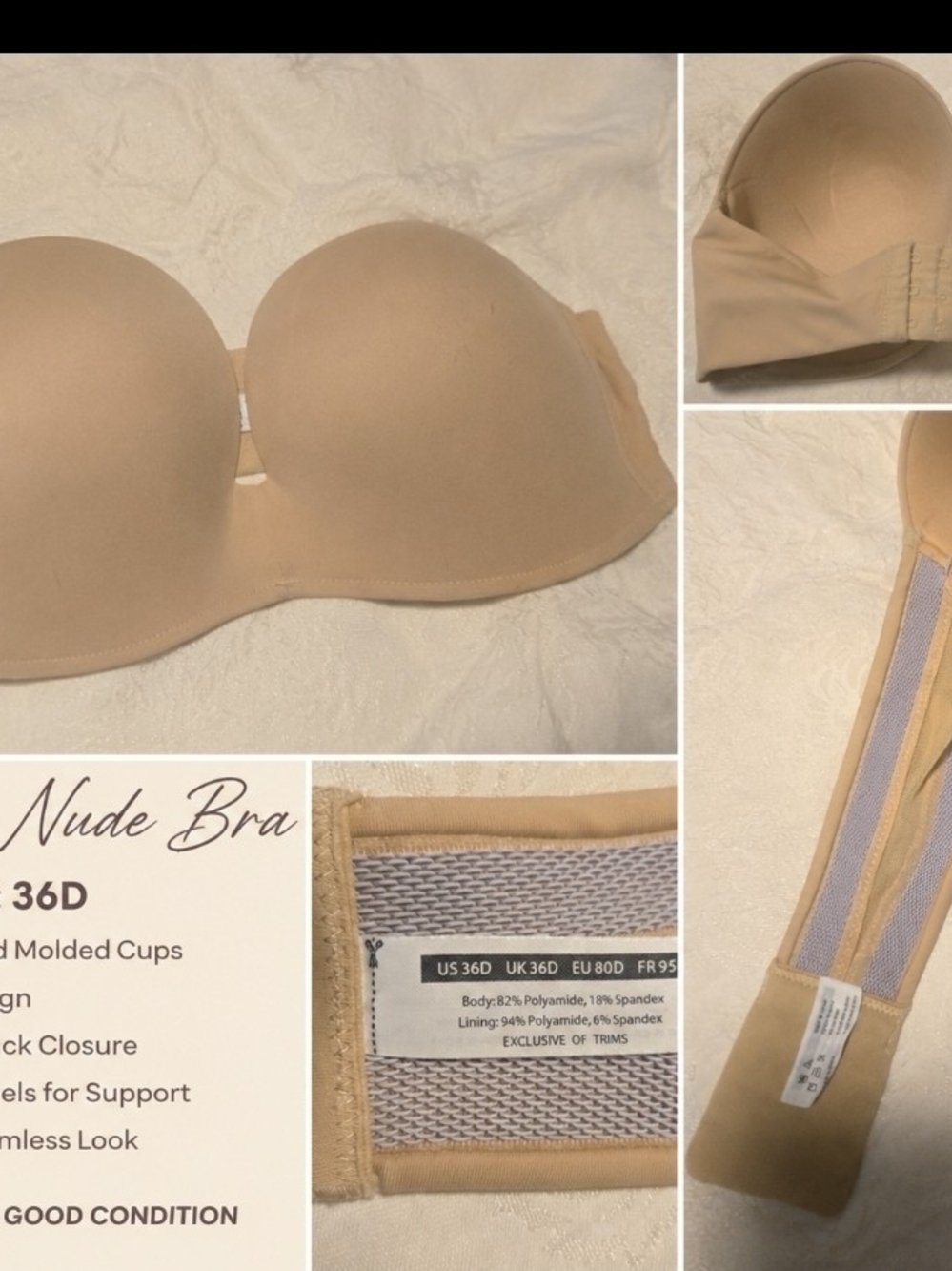 Strapless Nude Molded-Cup Bra - 36D